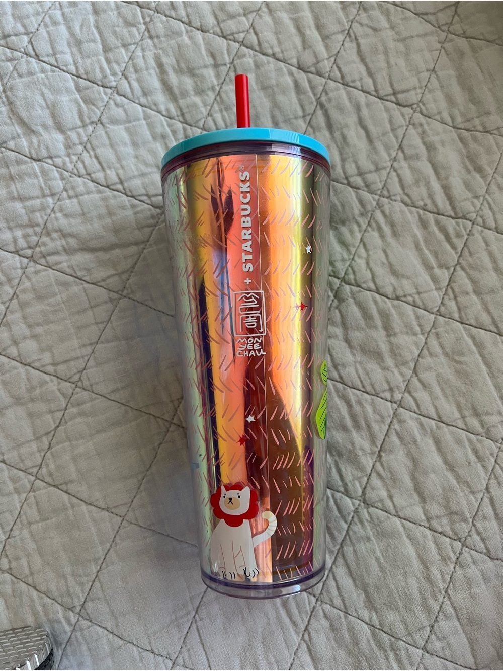 Starbucks Mon Yee Chau Tumbler with Light Blue Lid and Red Straw - Picture 3 of 3
